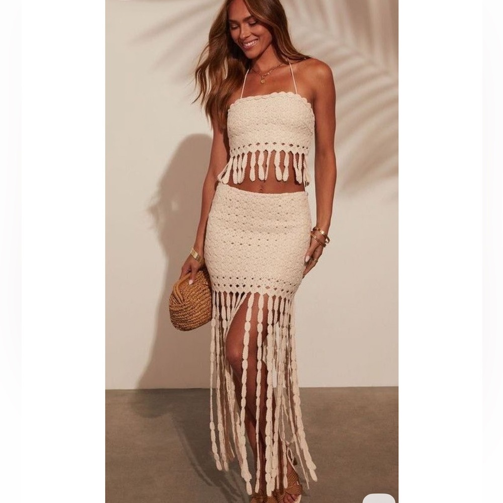 VICI Sweet Escape Fringe Crochet Crop Top & Maxi Skirt Set- large